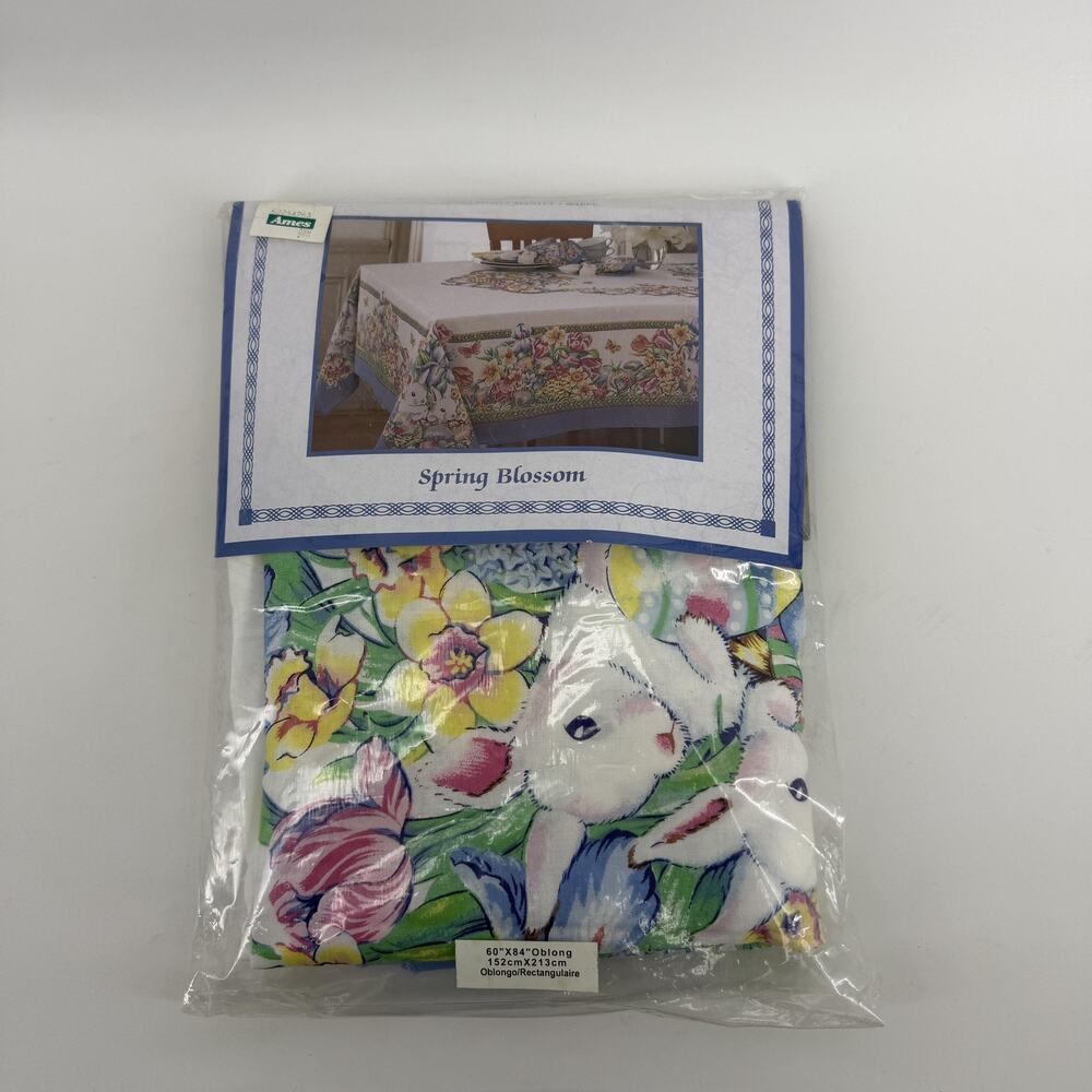 Vtg 80s Bardwil Linens Spring Blossom Tablecloth 60x84 Blue Oblong Easter Bunny